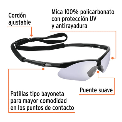 Lentes de Seguridad Industrial Espejo Azul con Cordón Ajustable - Protección UV Antirayadura para Construcción y Taller - LESP-EZ