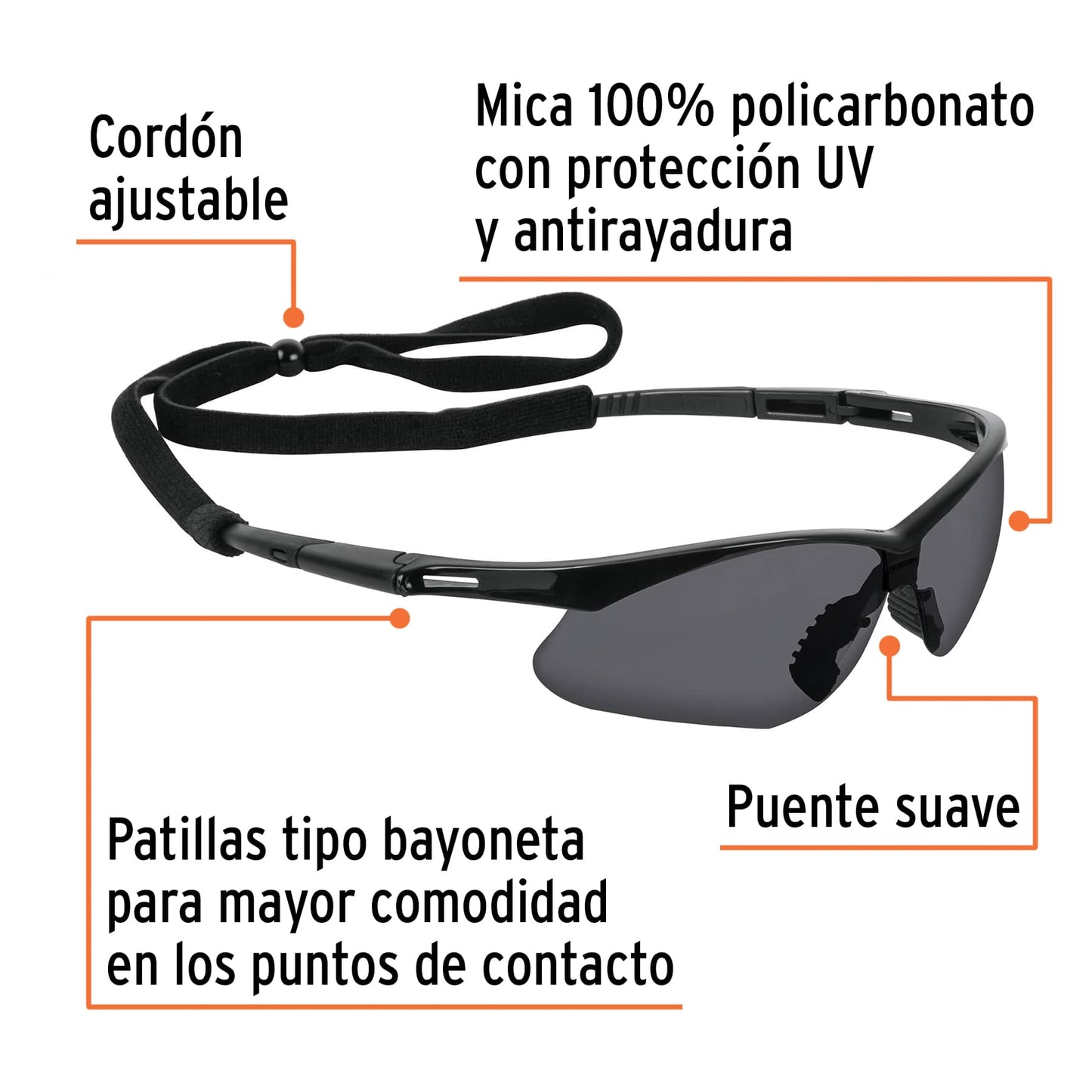 Lentes de Seguridad Antiempaño Grises con Cordón Ajustable - Protección UV Policarbonato para Industria Construcción y Taller - LESP-SN