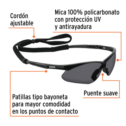 Lentes de Seguridad Antiempaño Grises con Cordón Ajustable - Protección UV Policarbonato para Industria Construcción y Taller - LESP-SN
