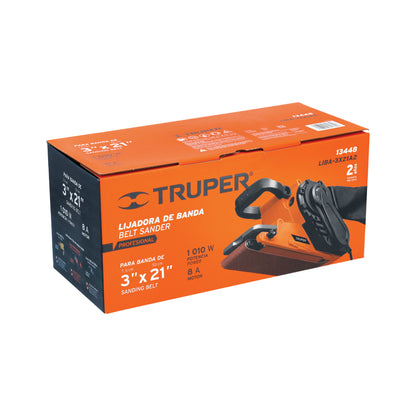 : Lijadora de Banda 3x21 Pulgadas 1010W TRUPER PRO LIBA-3X21A2 - Velocidad Variable 6 Niveles para Lijado Profesional Rápido y Preciso de Madera Metal