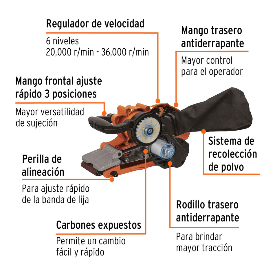 : Lijadora de Banda 3x21 Pulgadas 1010W TRUPER PRO LIBA-3X21A2 - Velocidad Variable 6 Niveles para Lijado Profesional Rápido y Preciso de Madera Metal
