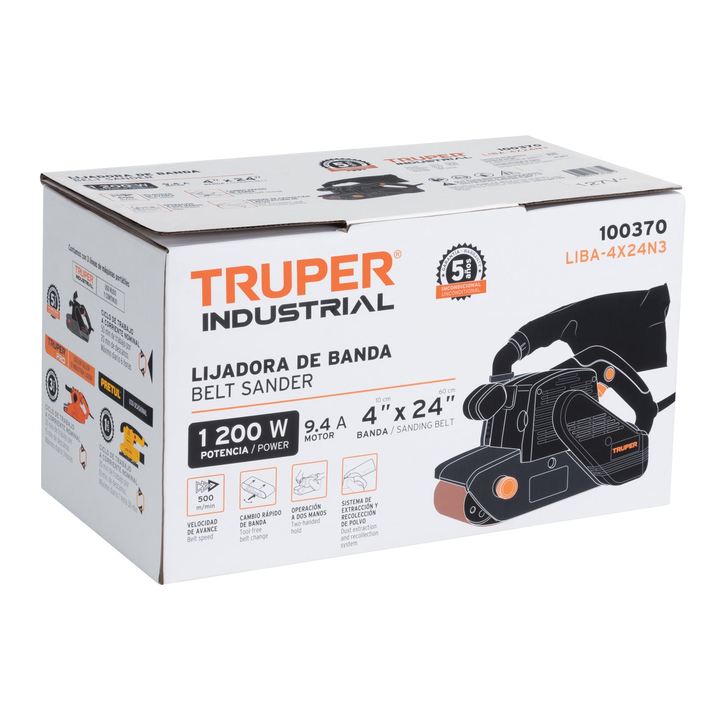 Lijadora de Banda 4x24 Pulgadas 1200W TRUPER Industrial - Remoción Rápida de Material con Sistema Cambio Rápido - LIBA-4X24N3