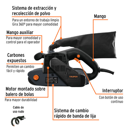 Lijadora de Banda 4x24 Pulgadas 1200W TRUPER Industrial - Remoción Rápida de Material con Sistema Cambio Rápido - LIBA-4X24N3