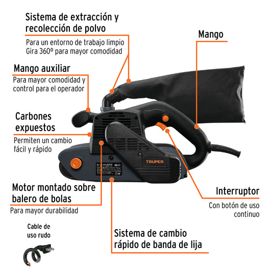 Lijadora de Banda 4x24 Pulgadas 1200W TRUPER Industrial - Remoción Rápida de Material con Sistema Cambio Rápido - LIBA-4X24N3