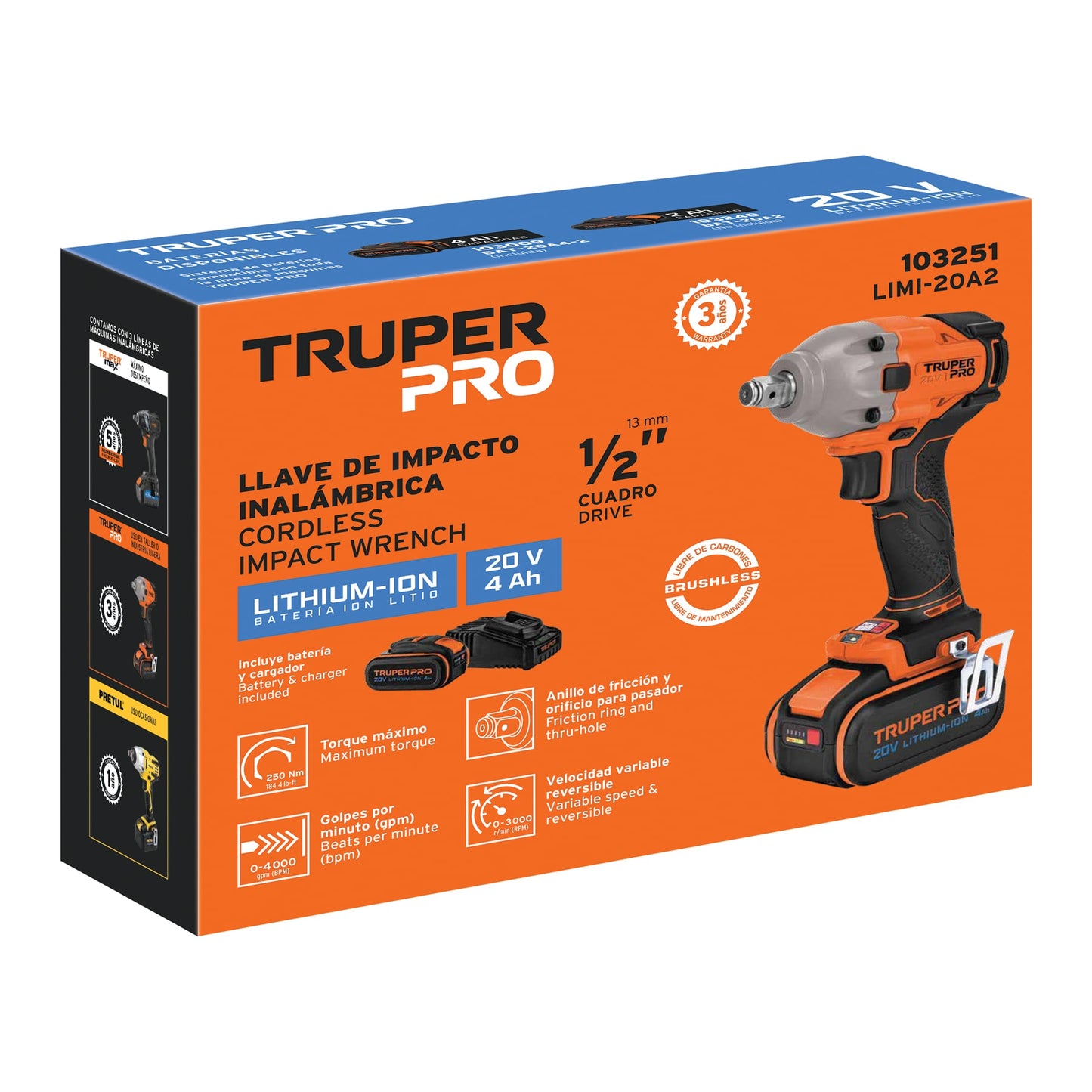 Llave de Impacto Inalámbrica 1/2 Pulgada 20V 184 lb/ft TRUPER PRO LIMI-20A2 Brushless con Batería 4Ah