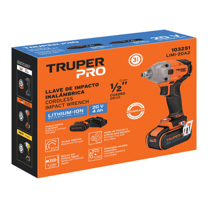 Llave de Impacto Inalámbrica 1/2 Pulgada 20V 184 lb/ft TRUPER PRO LIMI-20A2 Brushless con Batería 4Ah