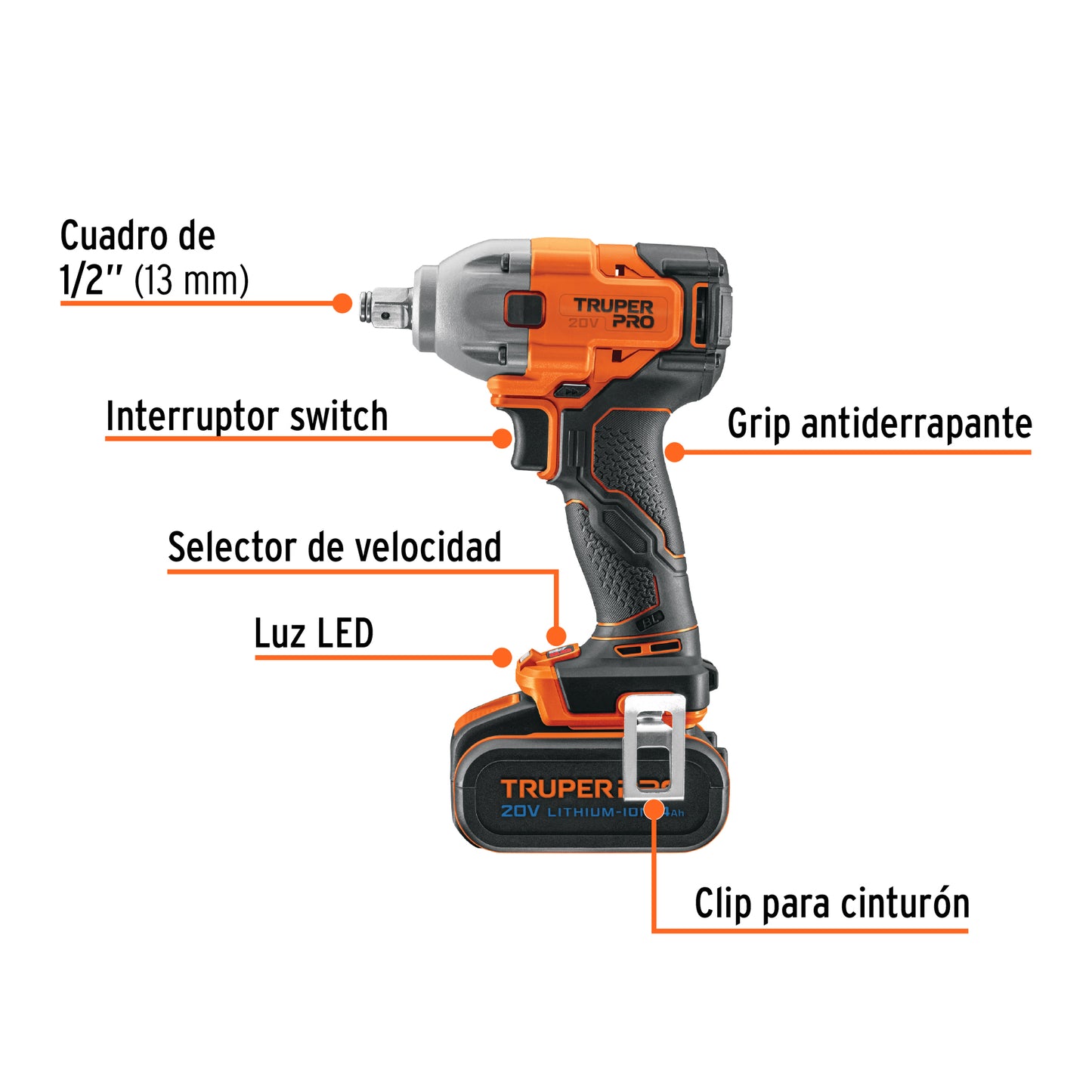 Llave de Impacto Inalámbrica 1/2 Pulgada 20V 184 lb/ft TRUPER PRO LIMI-20A2 Brushless con Batería 4Ah