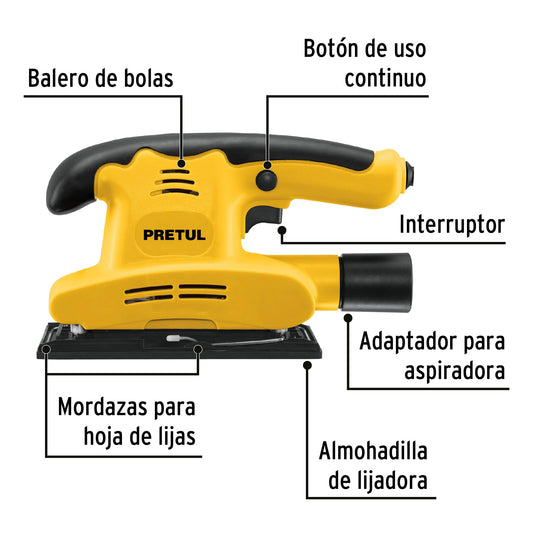 Lijadora Orbital PRETUL 150W 1/3 Hoja - Solución Profesional para Lijado Preciso con Mango Ergonómico y Adaptador Aspiradora - LIOR-1/3P4
