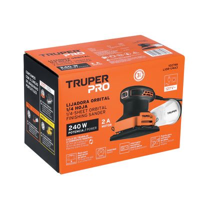 Lijadora Orbital 1/4 Hoja 240W TRUPER PRO LIOR-1/4A3 - Elimina Imperfecciones en Madera y Superficies con Sistema de Aspiración Integrado y Mango Ergonómico Antiderrapante