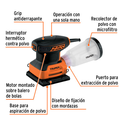 Lijadora Orbital 1/4 Hoja 240W TRUPER PRO LIOR-1/4A3 - Elimina Imperfecciones en Madera y Superficies con Sistema de Aspiración Integrado y Mango Ergonómico Antiderrapante