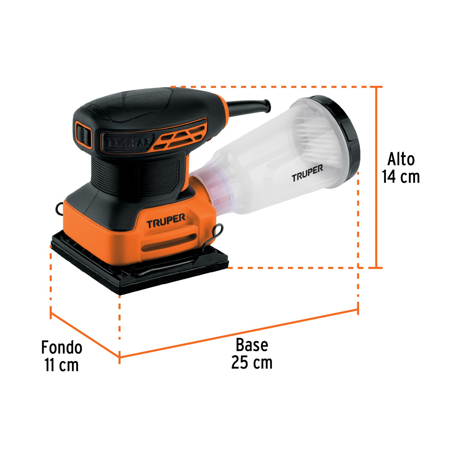 Lijadora Orbital 1/4 Hoja 240W TRUPER PRO LIOR-1/4A3 - Elimina Imperfecciones en Madera y Superficies con Sistema de Aspiración Integrado y Mango Ergonómico Antiderrapante