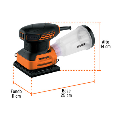 Lijadora Orbital 1/4 Hoja 240W TRUPER PRO LIOR-1/4A3 - Elimina Imperfecciones en Madera y Superficies con Sistema de Aspiración Integrado y Mango Ergonómico Antiderrapante