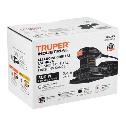 Lijadora Orbital 1/4 Hoja 300W TRUPER LIOR-1/4N2 - Solución Profesional para Lijado de Precisión con Sistema de Aspiración y Grip Antiderrapante - Elimina Imperfecciones en Madera y Superficies