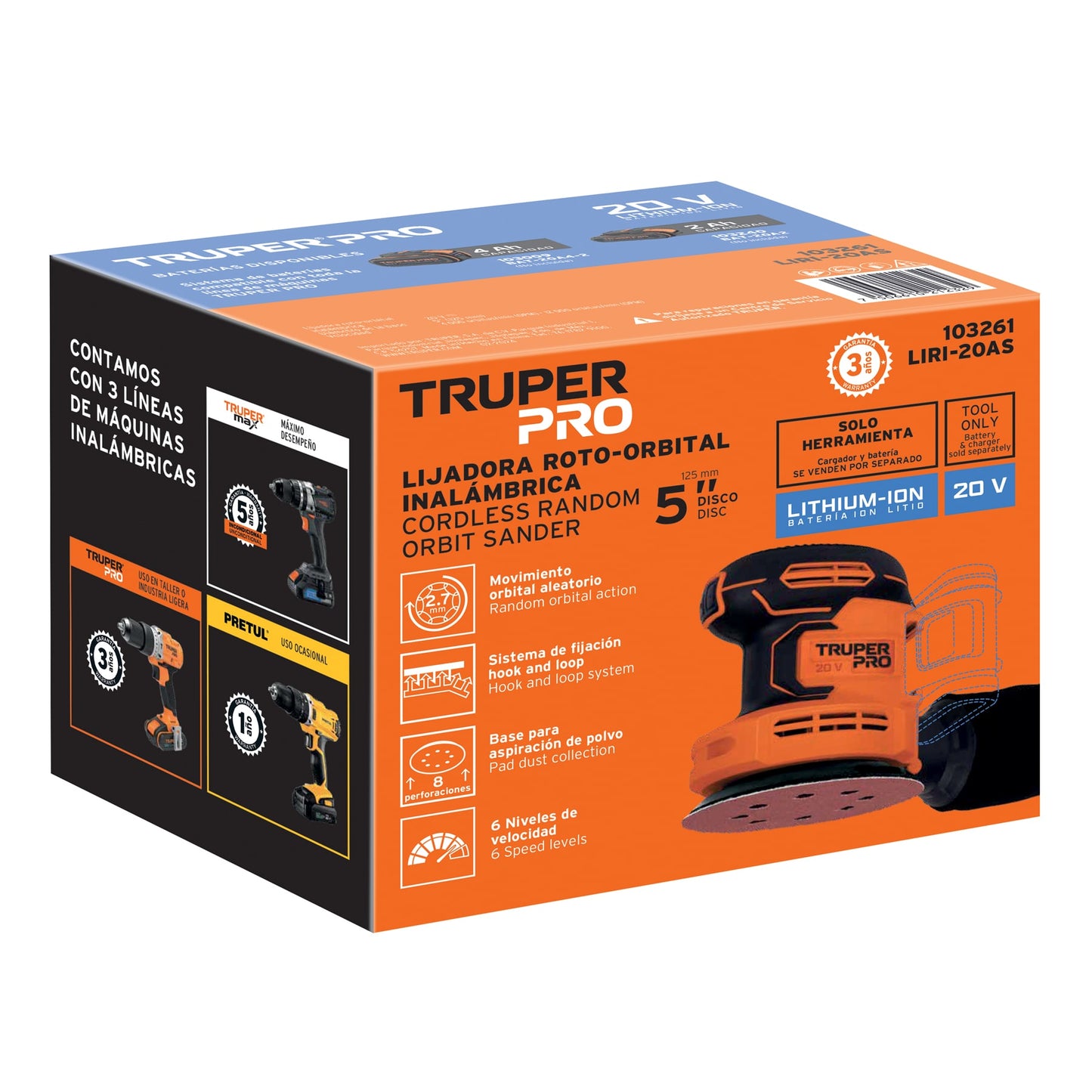 Lijadora roto-orbital 5", 20V, sin accesorios, TRUPER PRO