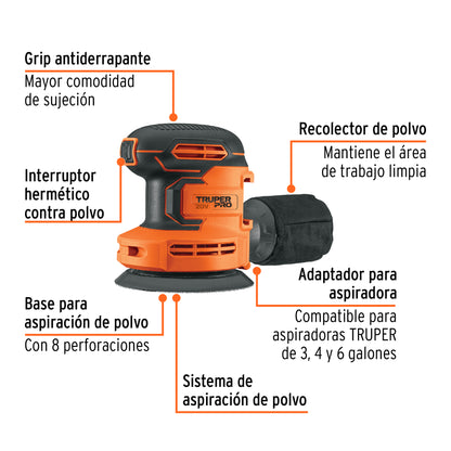 Lijadora roto-orbital 5", 20V, sin accesorios, TRUPER PRO