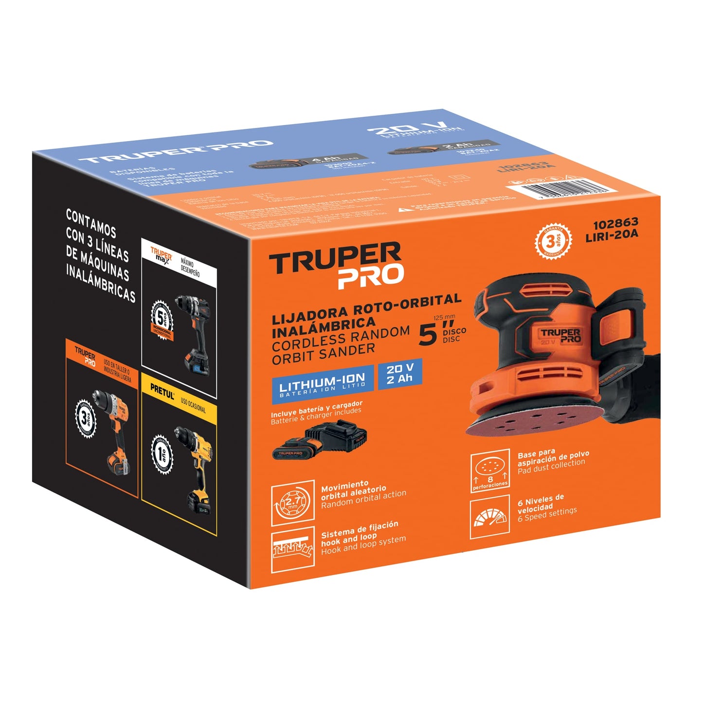 Lijadora Roto-Orbital 5 Pulgadas 20V TRUPER PRO LIRI-20A - Velocidad Variable 6 Niveles con Batería 2Ah y Sistema Hook Loop