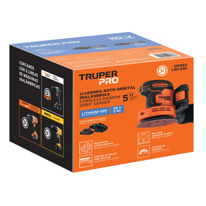 Lijadora Roto-Orbital 5 Pulgadas 20V TRUPER PRO LIRI-20A - Velocidad Variable 6 Niveles con Batería 2Ah y Sistema Hook Loop