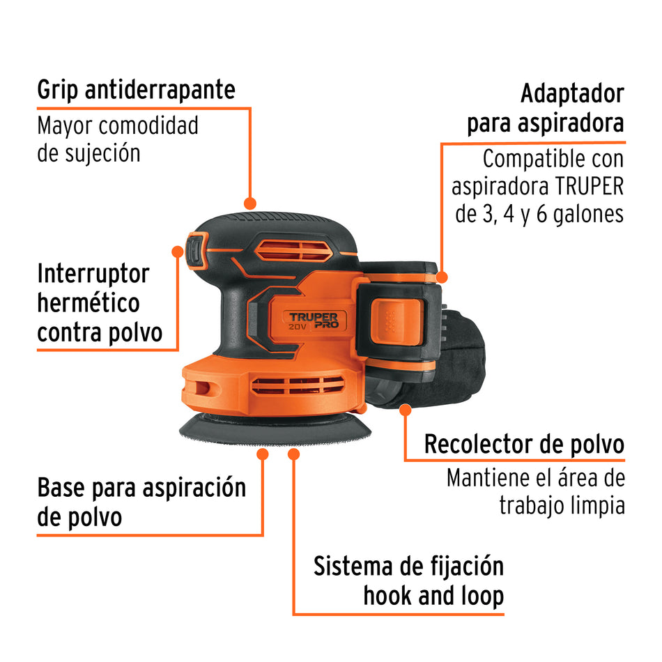 Lijadora Roto-Orbital 5 Pulgadas 20V TRUPER PRO LIRI-20A - Velocidad Variable 6 Niveles con Batería 2Ah y Sistema Hook Loop