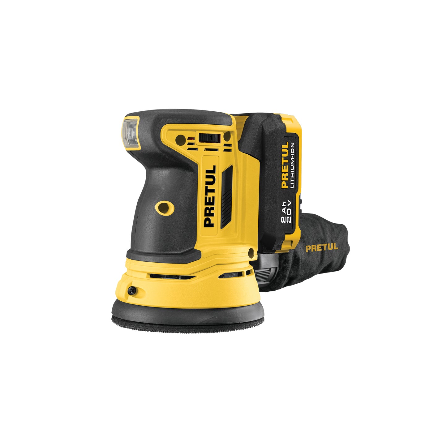 Lijadora Roto-Orbital PRETUL 5 Pulgadas 20V con Batería 2Ah - Sistema Hook and Loop, Doble Movimiento, Bolsa Recolectora