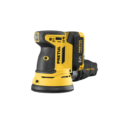 Lijadora Roto-Orbital PRETUL 5 Pulgadas 20V con Batería 2Ah - Sistema Hook and Loop, Doble Movimiento, Bolsa Recolectora