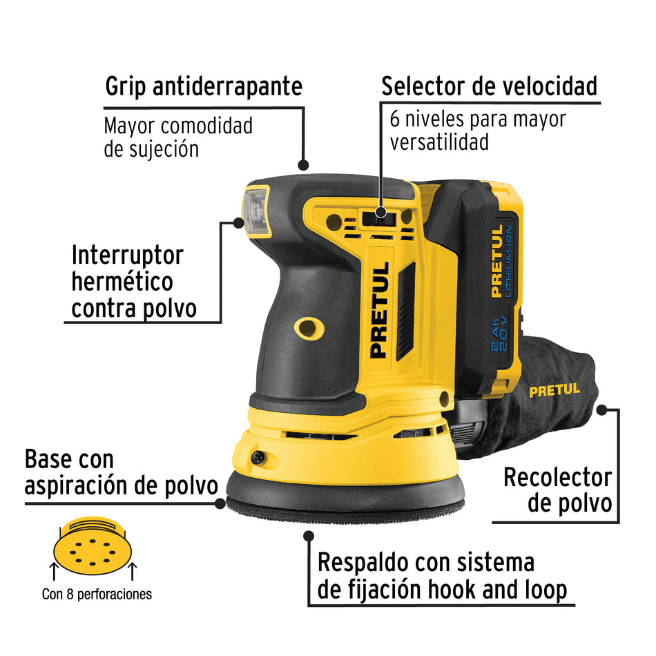 Lijadora Roto-Orbital PRETUL 5 Pulgadas 20V con Batería 2Ah - Sistema Hook and Loop, Doble Movimiento, Bolsa Recolectora