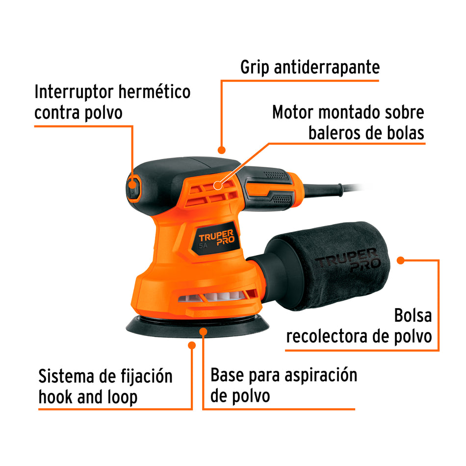 Lijadora Roto Orbital TRUPER PRO 5" 260W - Acabado Profesional para Carpintería y Repintado Automotriz - LIRO-5A2
