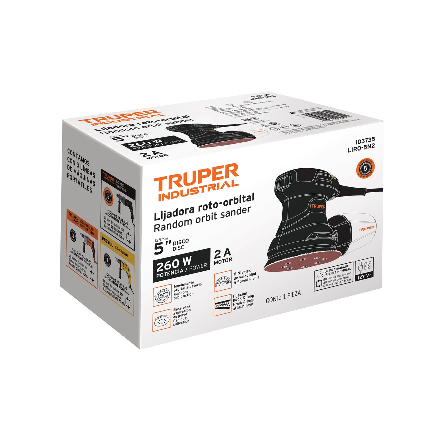 Lijadora Roto Orbital 5 Pulgadas 260W TRUPER LIRO-5N2 Industrial - Acabado Profesional para Carpintería y Preparación de Superficies Automotrices