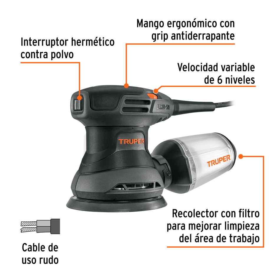 Lijadora Roto Orbital 5 Pulgadas 260W TRUPER LIRO-5N2 Industrial - Acabado Profesional para Carpintería y Preparación de Superficies Automotrices