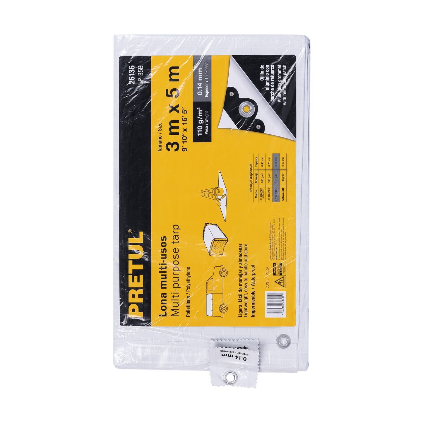 Lona Impermeable PRETUL 3x5m Blanca - Protección Total para Autos, Muebles y Patios - Polietileno Reforzado 110g/m² con Ojillos