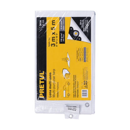 Lona Impermeable PRETUL 3x5m Blanca - Protección Total para Autos, Muebles y Patios - Polietileno Reforzado 110g/m² con Ojillos