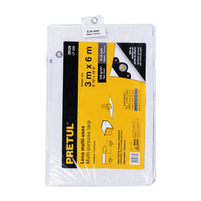 Lona Impermeable Polietileno 3x6m Blanca 110g/m² PRETUL - Protección Exterior Reforzada con Ojillos
