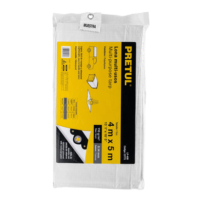 Lona Impermeable PRETUL 4x5m Blanca - Protección Total para Autos, Piscinas y Muebles Exterior - Polietileno Reforzado 110g/m² con Ojillos Aluminio LP-45B