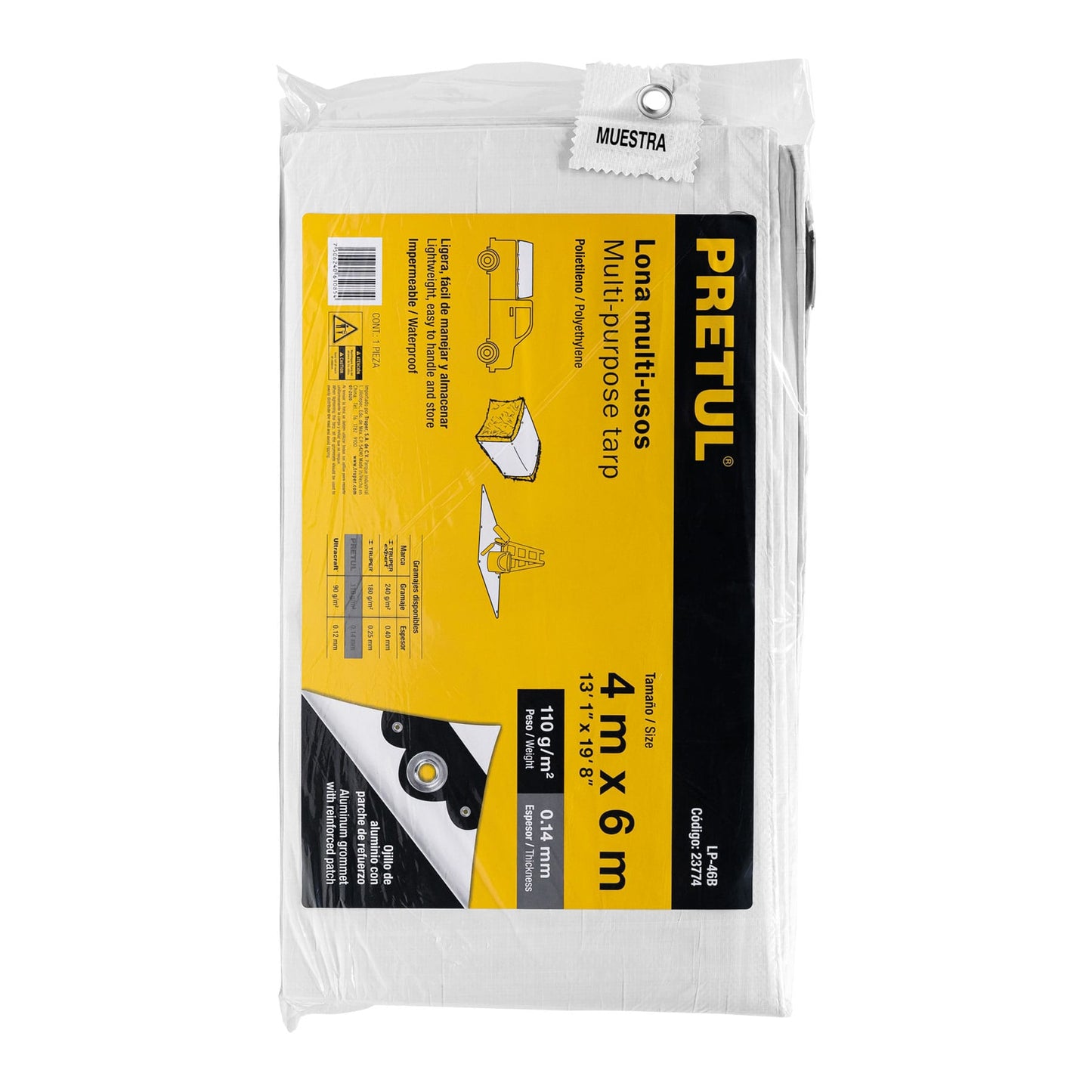 Lona Impermeable PRETUL 4x6m Blanca - Protección Total para Autos, Piscinas y Muebles Exterior - Polietileno Reforzado 110g/m² LP-46B