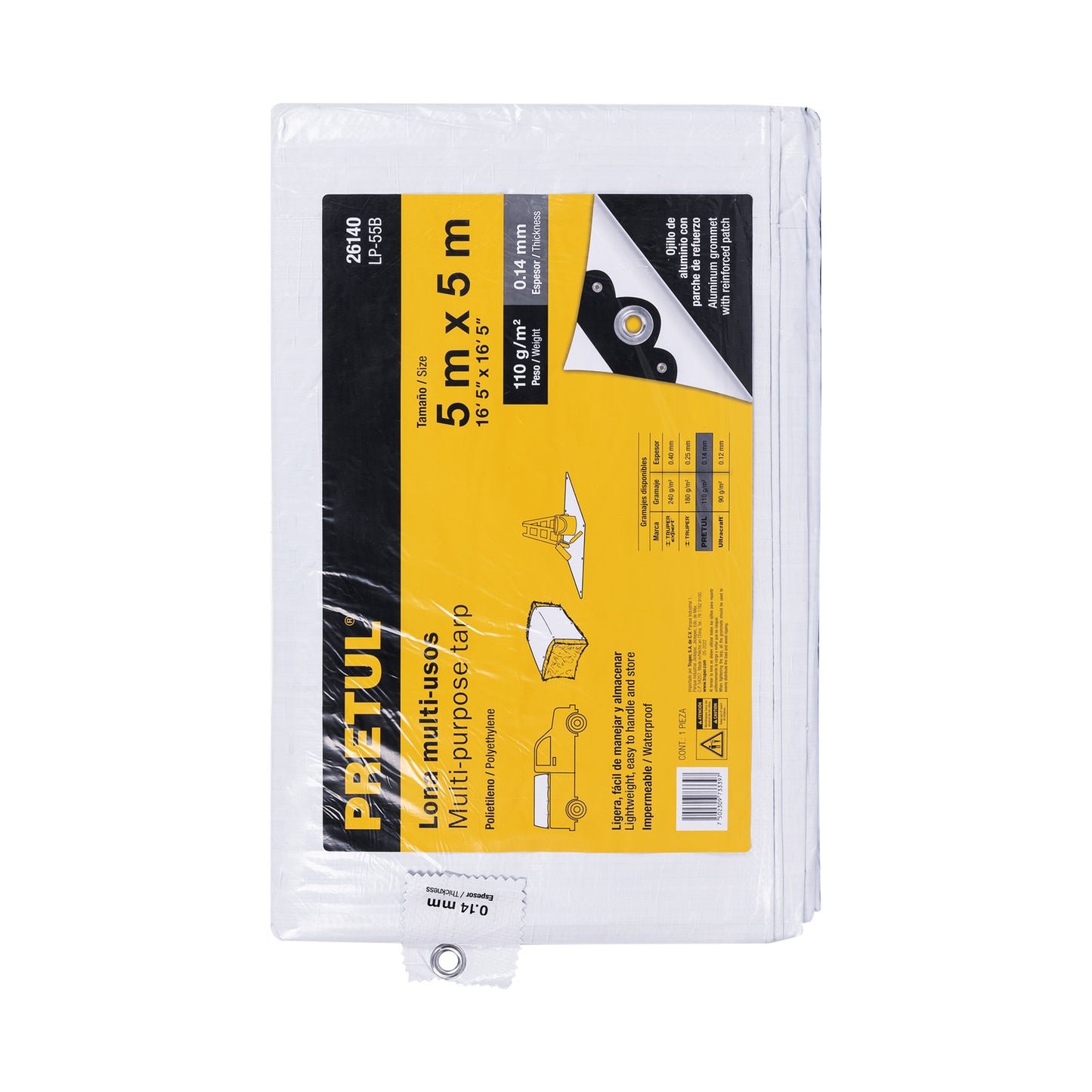 Lona Impermeable PRETUL LP-55B 5x5m Blanca - Protección Total para Autos, Piscinas y Muebles Exterior