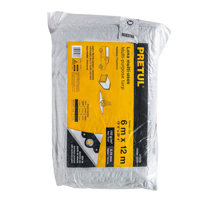 Lona Impermeable PRETUL 6x12m Blanca 110g/m² - Protección Total para Autos, Piscinas y Muebles Exterior - Reforzada con Ojillos Aluminio