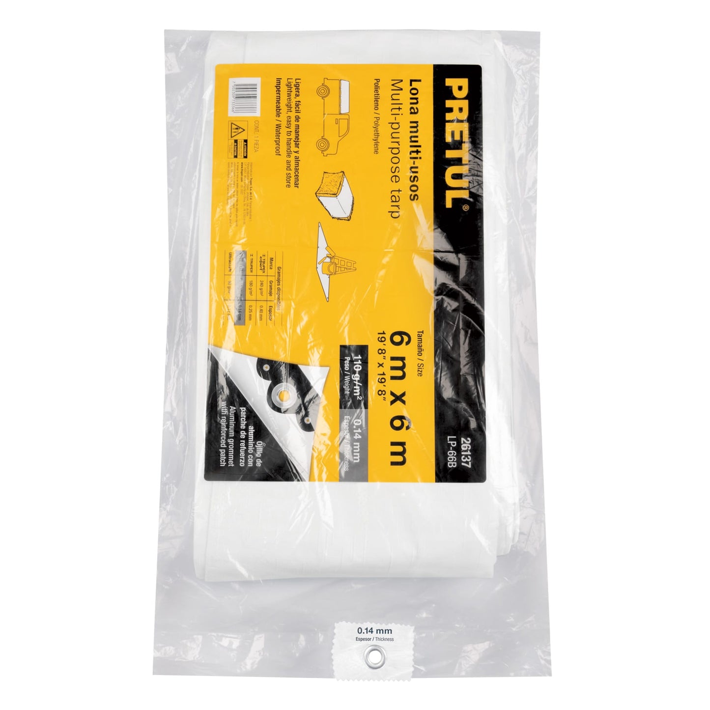 Lona Impermeable PRETUL 6x6m Blanca - Protección Total para Autos, Piscinas y Muebles Exterior - Polietileno Reforzado 110g/m² con Ojillos