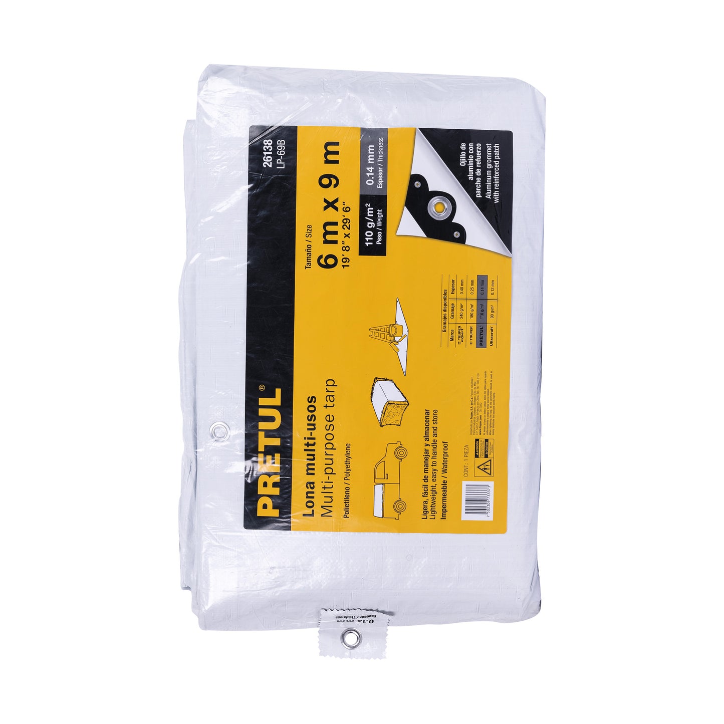 Lona Impermeable PRETUL 6x9m Blanca 110g/m² - Protección Total para Autos, Piscinas, Muebles Exterior - Polietileno Reforzado con Ojillos Aluminio LP-69B