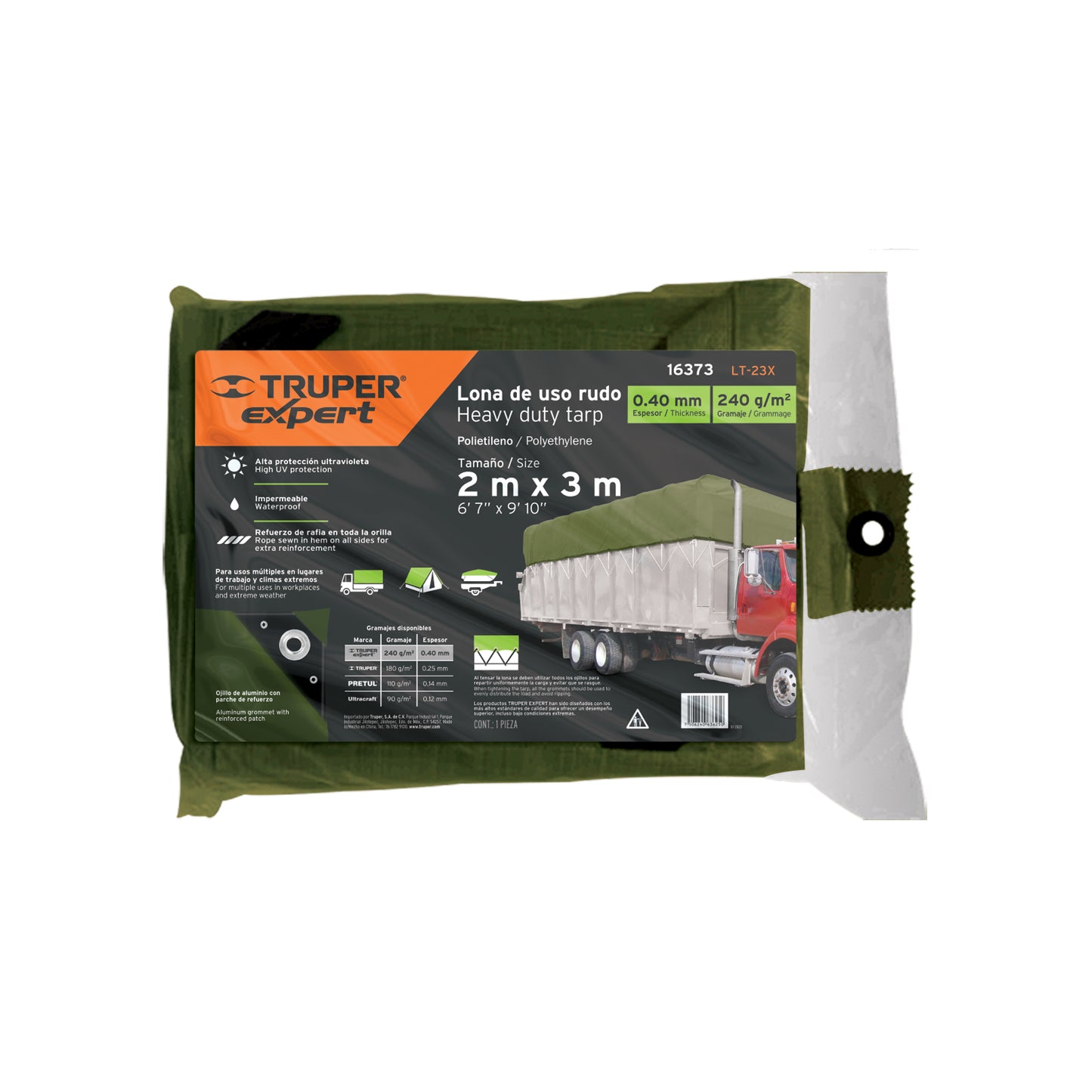 Lona Impermeable Uso Rudo 2x3m Verde Olivo TRUPER EXPERT - Solución Profesional Contra Intemperie y Protección UV - Polietileno 240g/m² con Refuerzo Anti-Desgarre