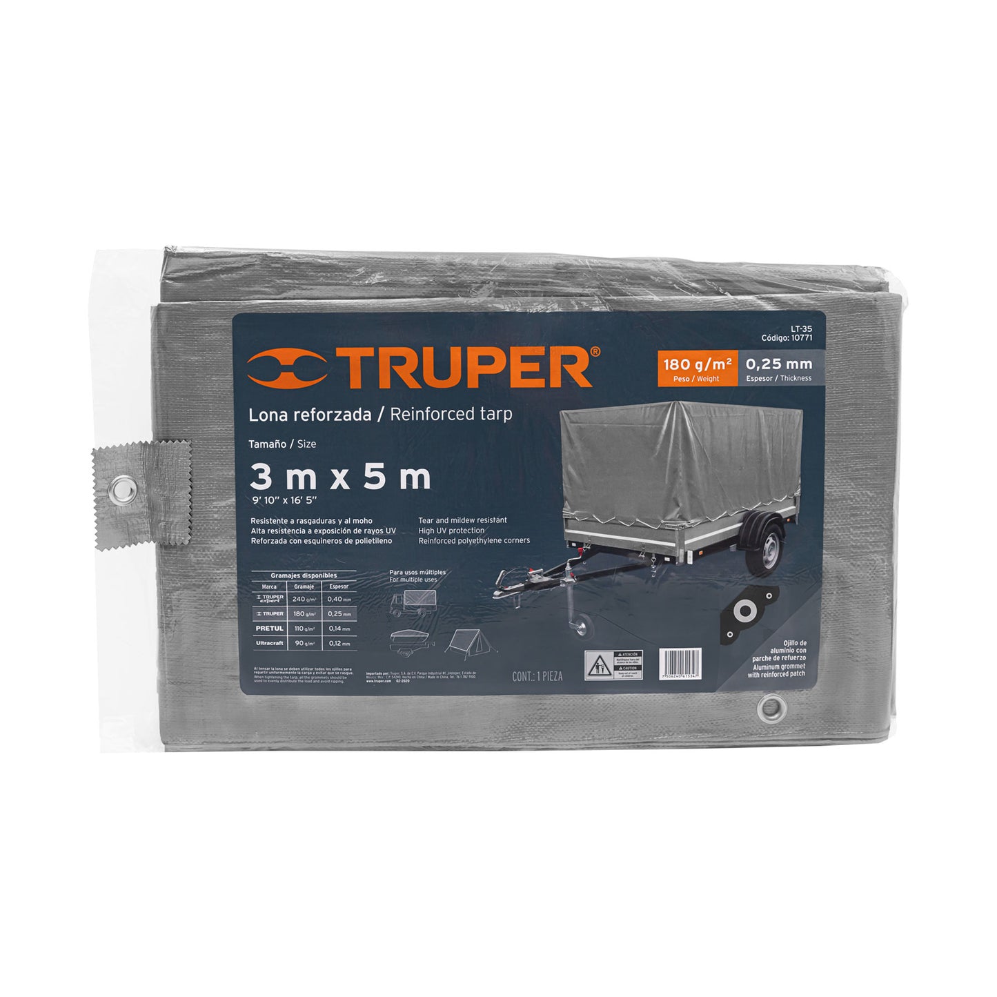 Lona Polietileno Reforzada 3x5m TRUPER LT-35 - Protección UV Resistente Rasgaduras Gris 180g/m2 Anti-Moho