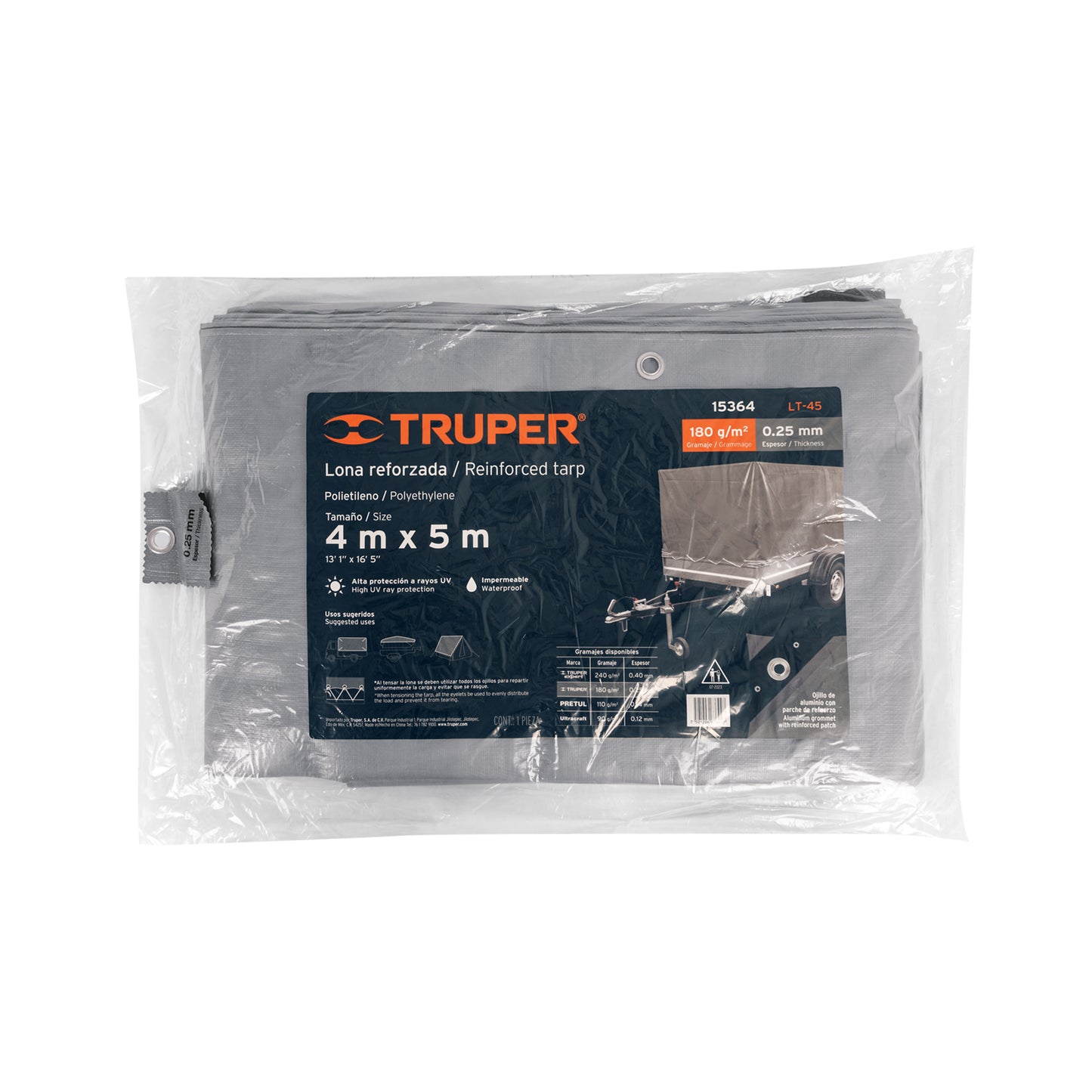 Lona Polietileno Reforzada 4x5m Gris 180g/m² Anti-UV Resistente Rasgaduras - TRUPER LT-45