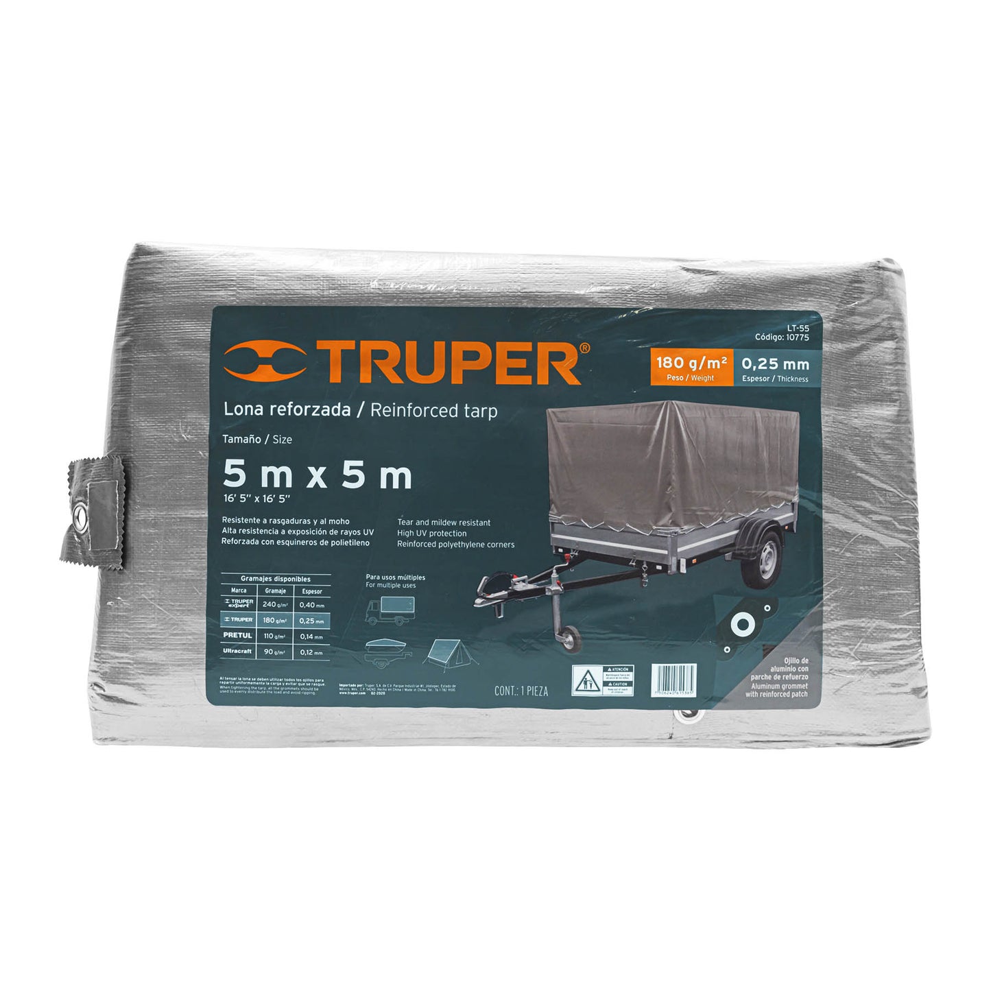 Lona de Polietileno Reforzada TRUPER 5x5m Gris 180g/m² - Protección UV Resistente a Rasgaduras y Moho para Exteriores - LT-55