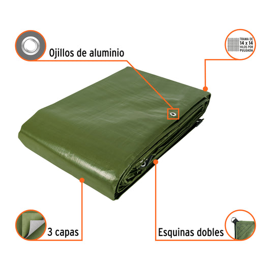 Lona Uso Rudo TRUPER EXPERT 6x12m Verde Olivo 240g/m² - Protección Impermeable UV para Construcción y Climas Extremos