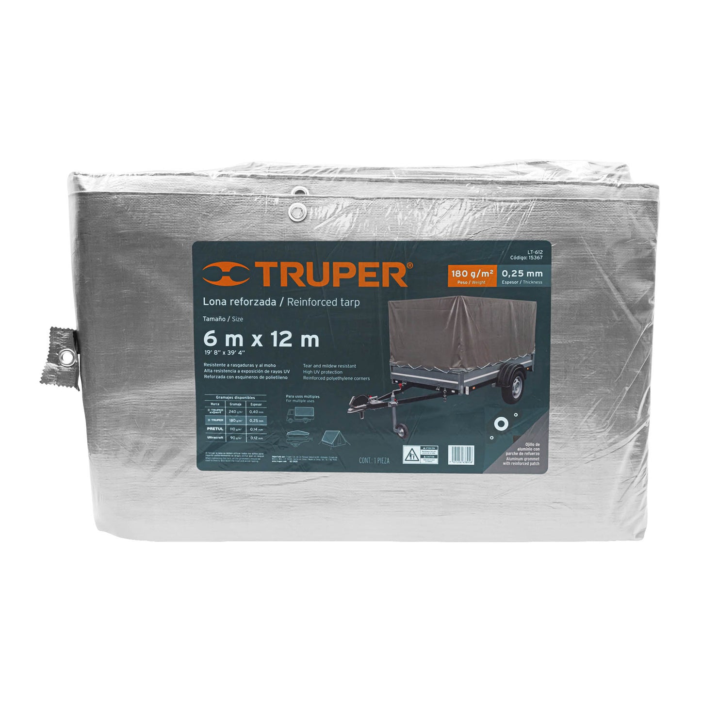 Lona Polietileno Reforzada 6x12m TRUPER LT-612 - Protección UV Resistente Rasgaduras Gris 180g/m2 Anti-Moho