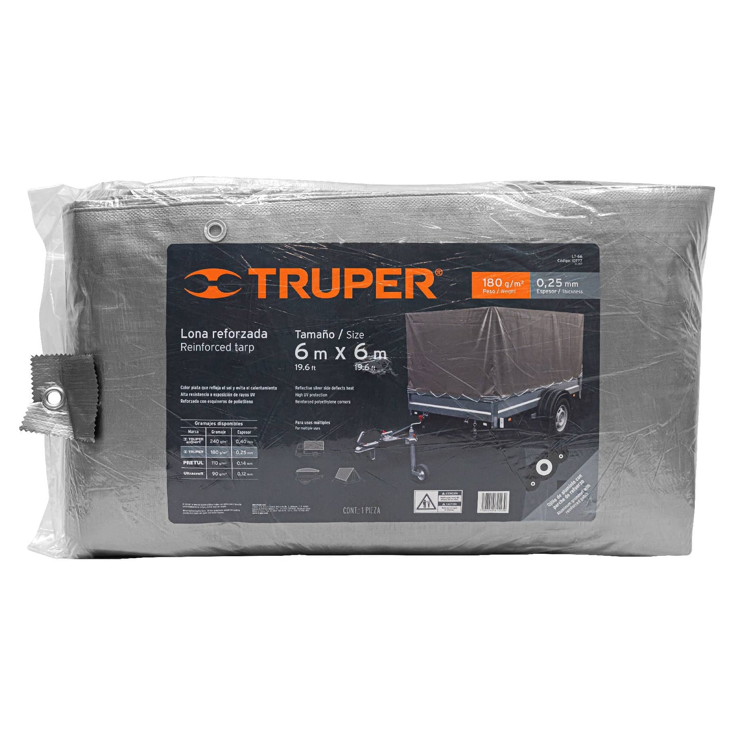 Lona Impermeable Reforzada 6x6m TRUPER LT-66 - Protección UV Resistente Rasgaduras Gris 180g/m2