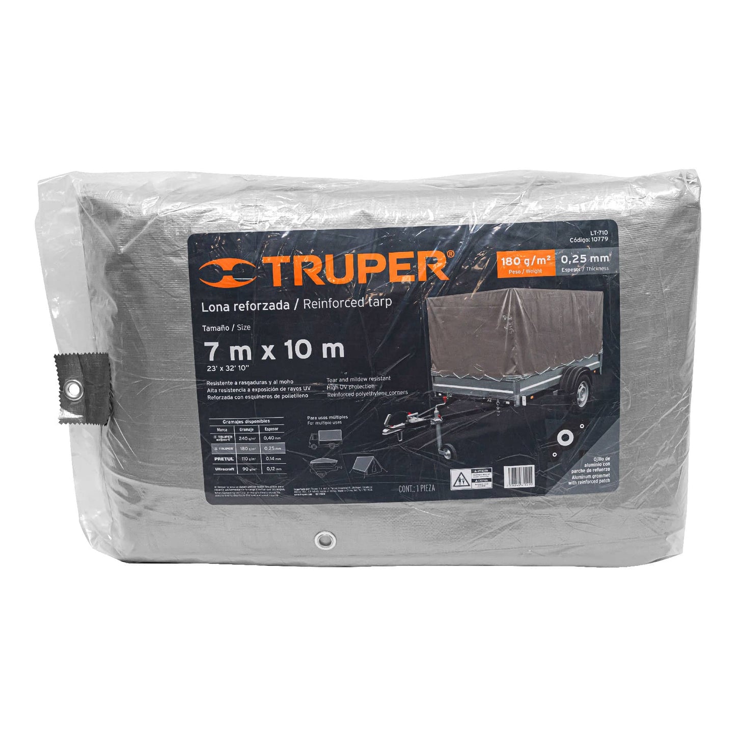 Lona Polietileno Reforzada 7x10m TRUPER LT-710 - Protección UV Resistente Rasgaduras Gris 180g/m2