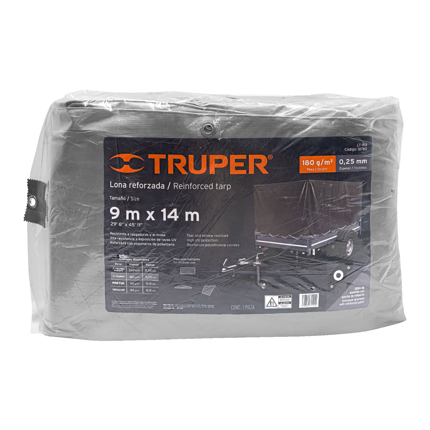 Lona de Polietileno Reforzada TRUPER 9x14m - Protección Impermeable Resistente UV - Gris 180g/m² con Ojillos de Aluminio - Solución Profesional Contra Intemperie
