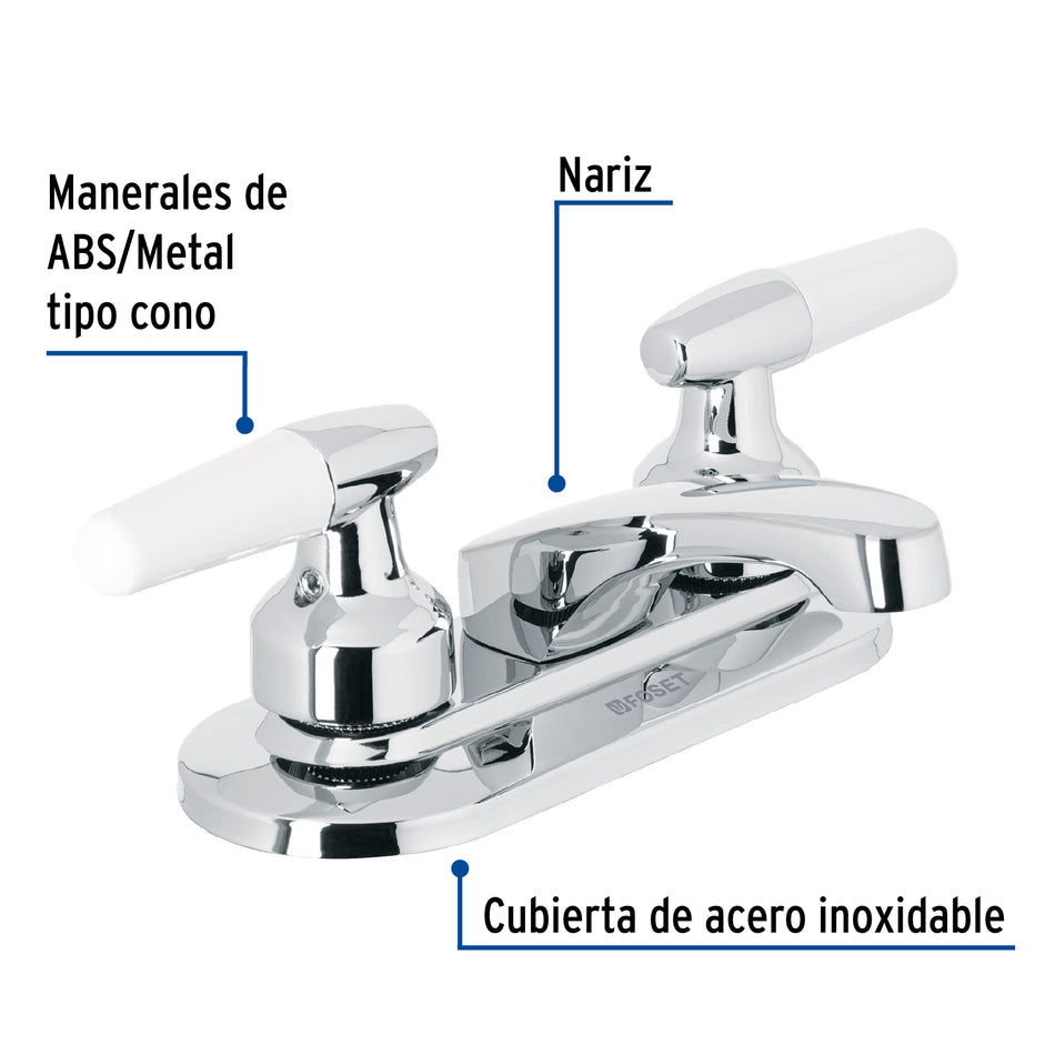 Mezcladora 4" para lavabo, nariz larga, manerales cono Llave