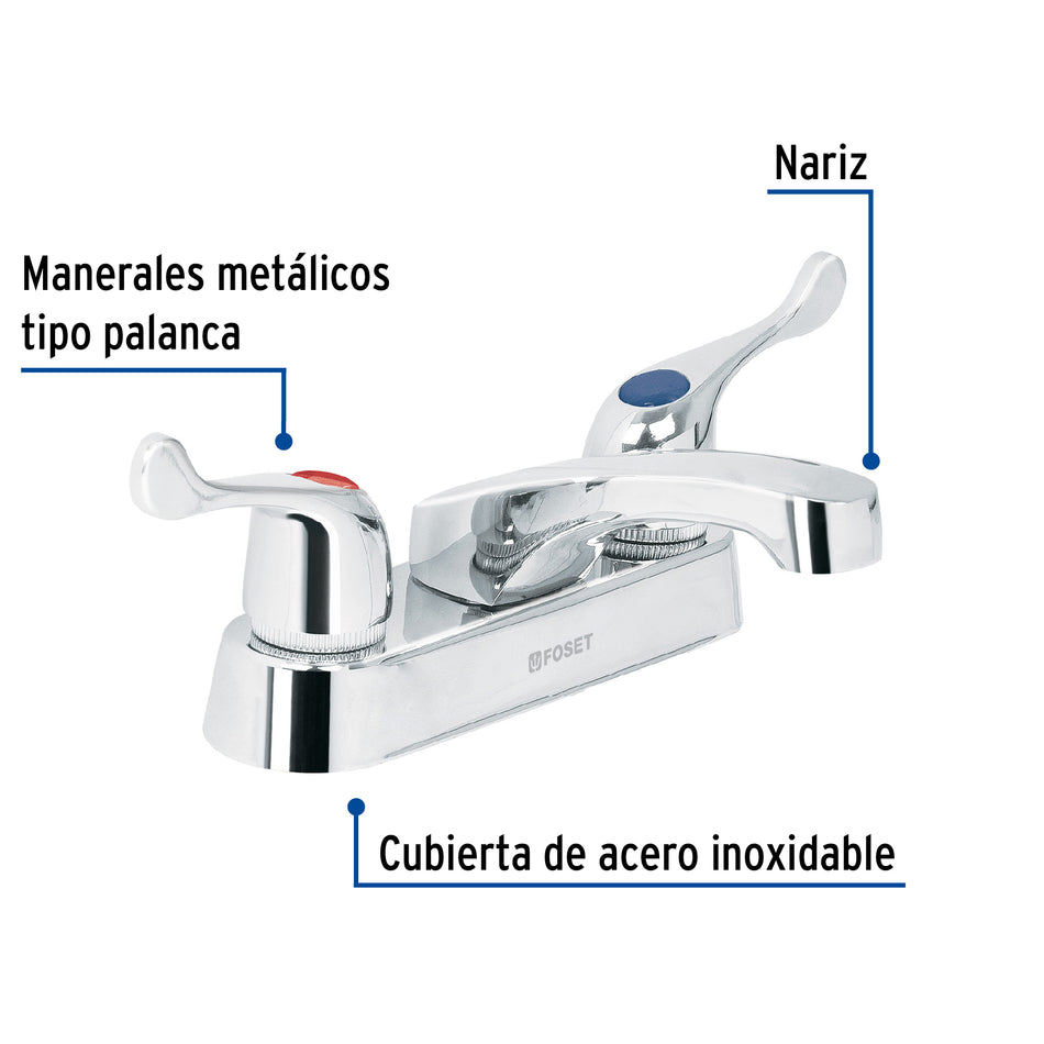 Mezcladora 4" para lavabo, nariz larga, manerales palanca