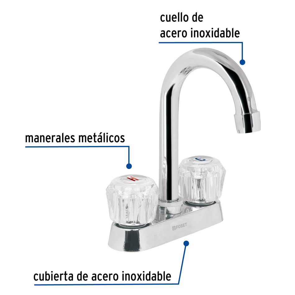 Mezcladora 4" para lavabo, cuello bar, manerales de acrílico