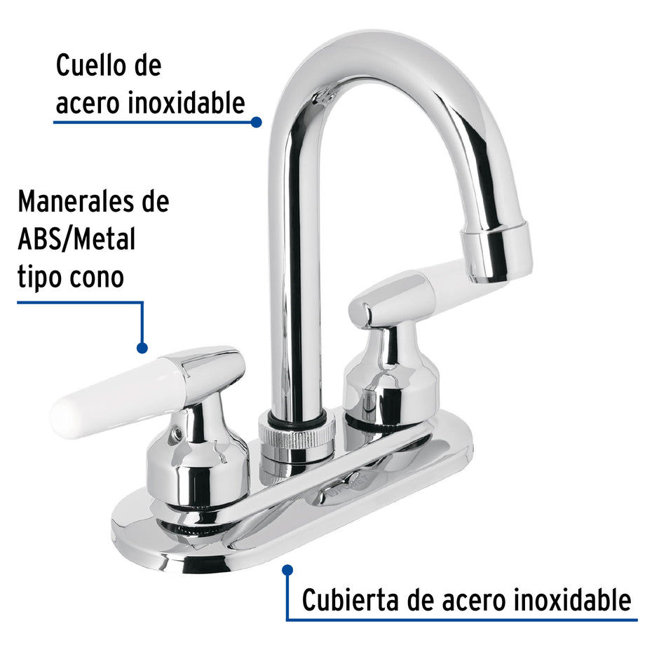 Mezcladora 4" para lavabo, cuello bar, manerales cono, Llave